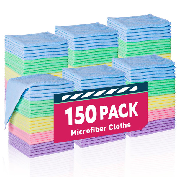 TEAWOO Microfiber Towels Bulk-150 Pack, Cleaning Cloths, Microfiber Towels for Cars, Cleaning Rags 5 Colors Assorted (12x12 inches)