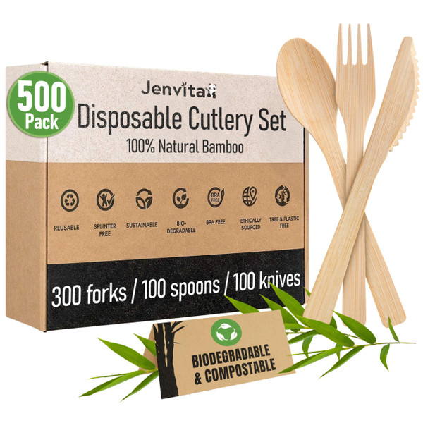 Jenvita 100% Bamboo Cutlery Set - 500 Biodegradable Utensils (300 Forks, 100 Knives, 100 Spoons) - Reusable or Disposable Bamboo Flatware | Compostable FSC Certified Utensils for Weddings & Parties