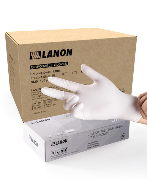 LANON Food Safe White Disposable Nitrile Gloves, Latex-Free, Powder-Free, Textured Fingertips, Cooking, Cleaning, Case, Large