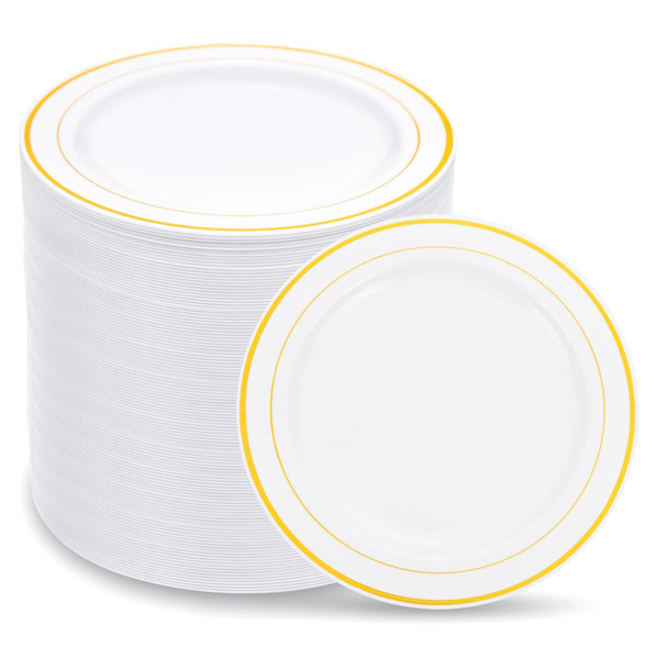 WELLIFE 144Pcs Gold Dessert Plates, 7.5 Inch Plastic Appetizer plates, Heavy Duty plastic Party Plates, White and Gold Plastic plate for Party and Wedding