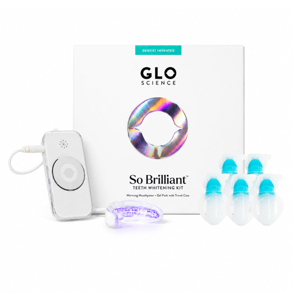 GLO Science So Brilliant Tooth Whitener Set – Fast, Sensitivity Free Teeth Whitening Technology – Includes Warming Mouthpiece with LED Light, 6% Hydrogen Peroxide Gel Pods, Lip Balm, & Travel Case