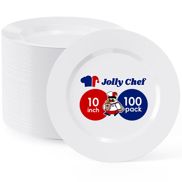 JOLLY CHEF 100 Pieces White Plastic Plates-10 Inch Elegant Disposable Plastic Plate, Disposable White for Weddings,Parties,Christmas,Birthdays and Events