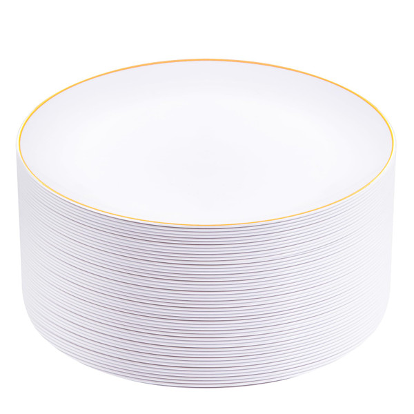 Festiva 50Pcs Gold Plastic Plates - 9 Inch White Plastic Plates with Gold Rim - Disposable Dinner Plates - include 50 salad&pasta Plate Perfect for Party&Wedding&Thanksgiving &Christmas