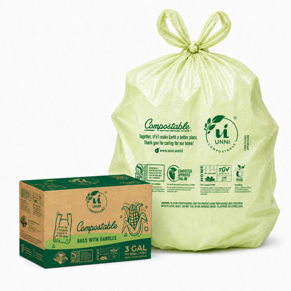 UNNI 3 Gallon Compostable Trash Bags with Tie Handles, 200 Count Small Food Scrap Kitchen Compost Bags for Countertop Bin, Certified by BPI, CMA & OK compost HOME, Meets ASTM D6400