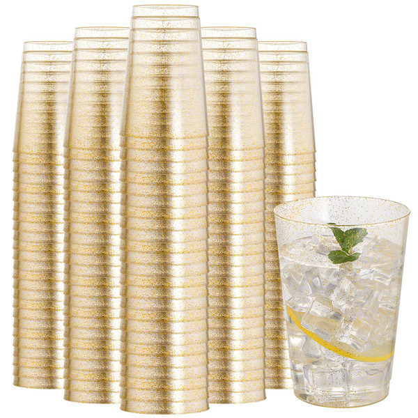 I00000 200 Pack 12 oz Gold Glitter Plastic Cups, Clear Disposable Cups, Disposable Plastic Wine Glasses Cocktail Glasses Premium Cups, 12 Ounce Glitter Tumblers for Party & Wedding