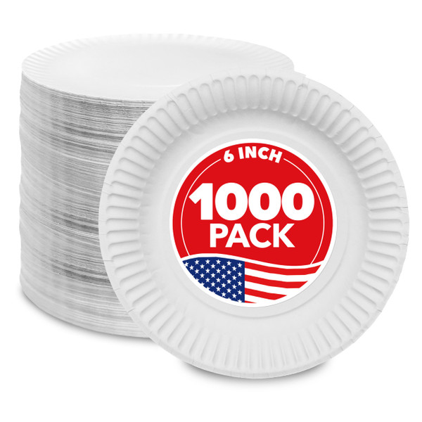 6-Inch Paper Plates Uncoated, Everyday Disposable Dessert Plates 6" Paper Plate Bulk, White, 1000 Count, Stock Your Home