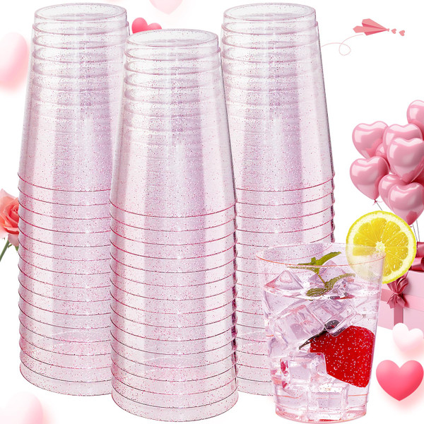 DaYammi 100 Pack 10oz Pink Plastic Cups, Premium Disposable Rose Gold Glitter Plastic Cups for Martini and Cocktail,Disposable Cup with Pink Glitter Perfect for Party Wedding Bridal Shower