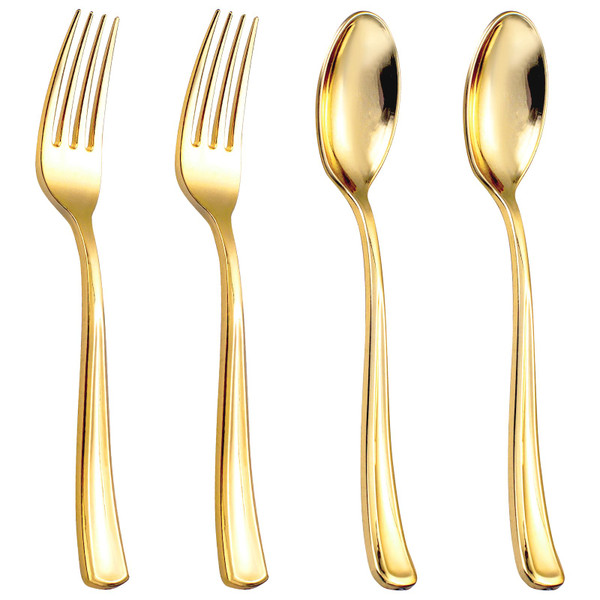 bUCLA 600PCS Gold Plastic Spoons and Forks Set - Plastic Forks and Spoons Disposable - Heavy Duty Gold Silverware Set Party Supplies Include 300 Forks and 300 Spoons for Party&Wedding