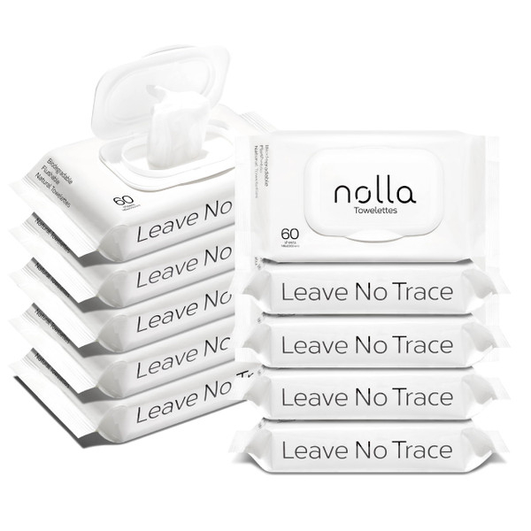 Nolla Flushable Wipes | 100% Plant-Based and Biodegradable - Soft, Unscented + Soothing Aloe and Vitamin E - For Adults and Kids 600 Count (10 Packs of 60)