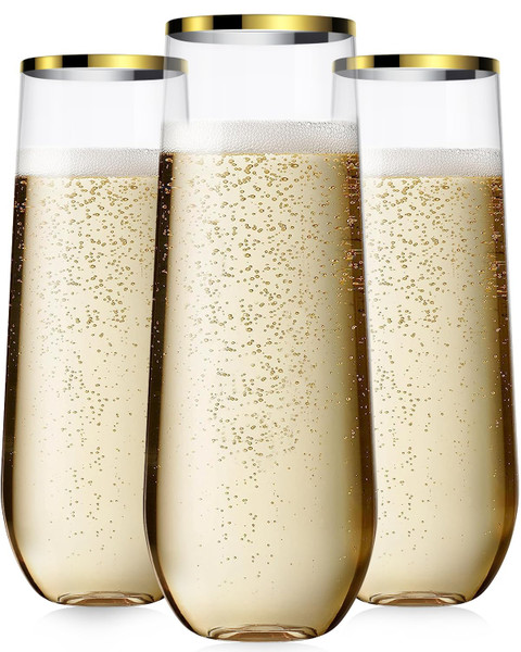 Maaacute 48 Pack Champagne Flutes Plastic, 9 Oz Disposable Stemless Mimosa Gold Rim Toasting Glasses, Clear Crystal Plastic Cocktail Cups for Party Wedding Birthday
