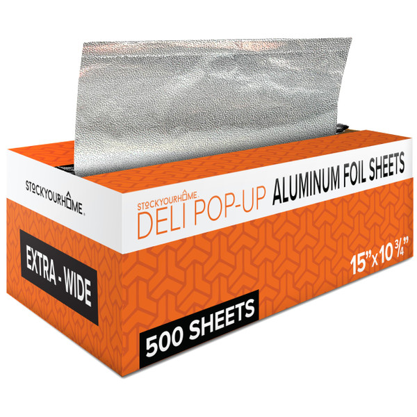 Pre-Cut Deli Aluminum Foil Sheets (500 Count) – 15” Extra-Wide Heavy-Duty Pop-Up Sheets for Restaurant Use, Disposable Tin Foil for Burritos, Hot Dogs & Sandwiches