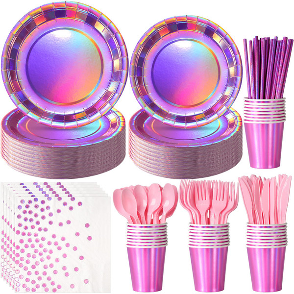 Iridescent Pink Party Supplies Decorations Serve100, Hot Pink Holographic Paper Plates and Napkins Set, Disposable Pink Paper Plates Cups Knives Spoons Fork for Mermaid Disco Kpop Birthday Party Decor