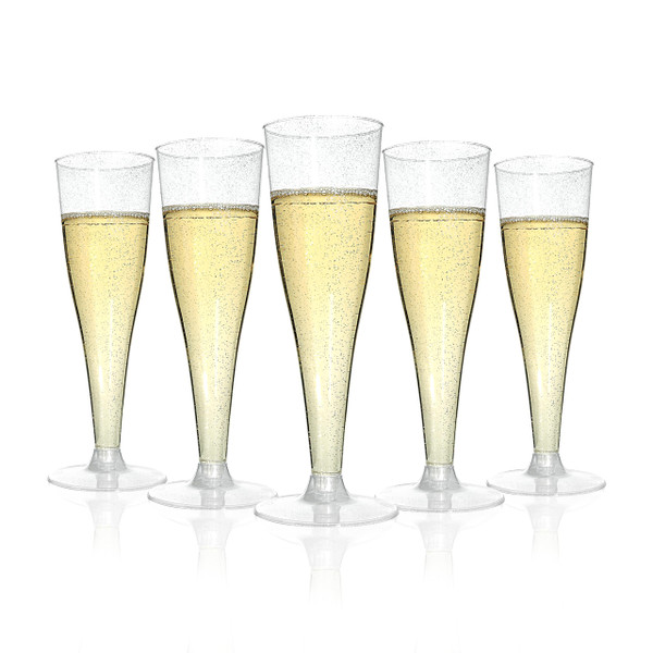 Bestluck 100 Pack Champagne Flutes Plastic, 4.5 oz Silver Glitter Plastic Disposable Stemware, Disposable Champagne Flutes for Party, Mimosa Bar, Wedding, Anniversary and Graduation