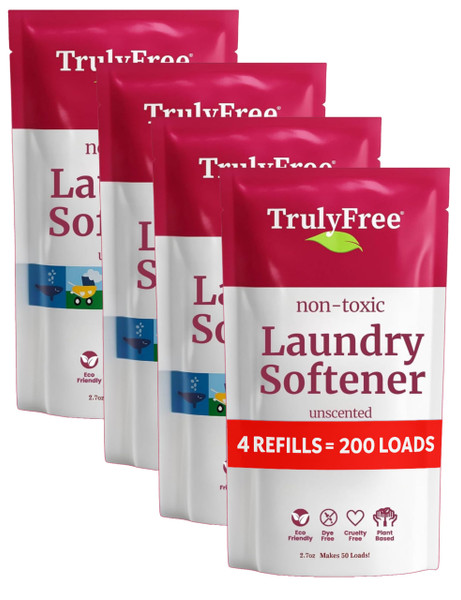 Truly Free Natural Fabric Softener | Non-Toxic for Babies & Kids Sensitive Skin | Plant-Based Laundry Softening Conditioner | Safe, Gentle & Chemical-Free | Unscented | 4 Pack Refill