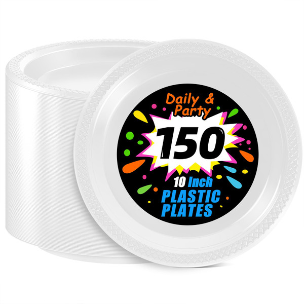 WELLIFE White Plastic Plates 10 Inch -150 Count for Party, Disposable Plastic Party Plates for New Year Wedding Dinner Birthday Engagement