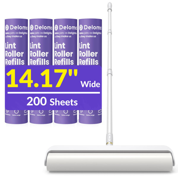14.17" Extra Large Lint Rollers for Pet Hair, DELOMO Sticky Rollers for Floor with 3 Extendable Handle & 4 Refills (200 Sheets), Long Handle Sticky Mop for Cleaning Carpets, Couches, Furniture, Cars