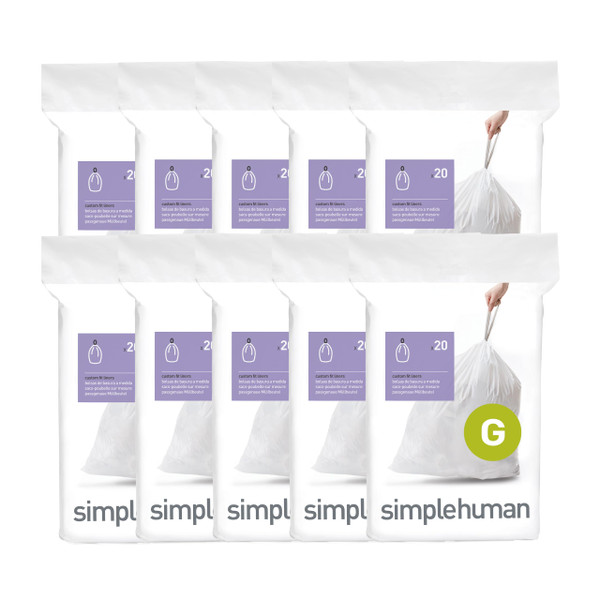 simplehuman Code G 200 Count Custom Fit Liners, Drawstring Kitchen Trash Bags, One-by-One Mess-Free Dispense, Extra Thick & Double Seamed, 50% PCR Plastic, 30 Liter / 8 Gallon, White