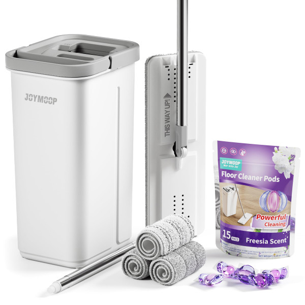 JOYMOOP Flat Mop System, Mop and Bucket Set, White, Commercial & Household Floor Cleaning Mop with Freesia Scent Cleaning Pods, Includes 3 Reusable Microfiber Pads and 15 Detergent Pods