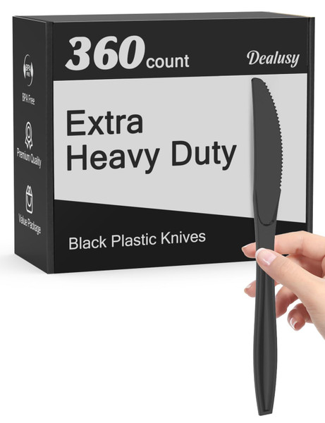 Dealusy 360 Count Extra Heavy Duty Black Plastic Knives Disposable, BPA-Free, Heat Resistant, Solid and Durable Disposable Knives Bulk, Premium Plastic Knives heavy duty for Party Supply