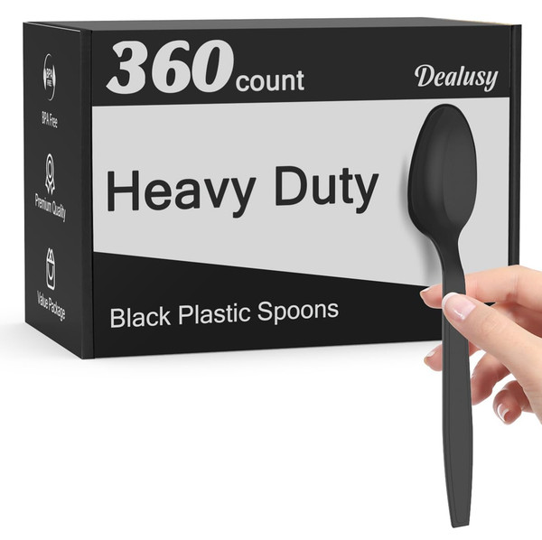 Dealusy 360 Count Black Plastic Spoons Disposable, BPA-Free, Heat Resistant, Solid and Durable Disposable Spoons Heavy Duty Bulk, Premium Spoons plastic disposable for Party Supply