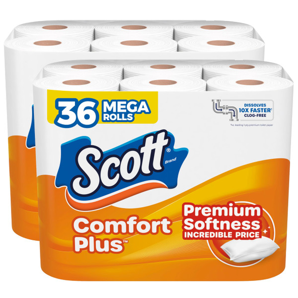 Scott ComfortPlus Toilet Paper, 2 Packs of 18 Mega Rolls, 310 Sheets per Roll, Septic-Safe, 1-Ply Toilet Tissue