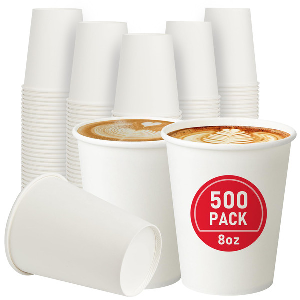 VPACKDUO 500 Pack 8 oz Paper Cups, Disposable Coffee Cups, White Hot/Cold Beverage Drinking Cups for Water, Coffee, or Juice, Perfect for Office, Party, Home