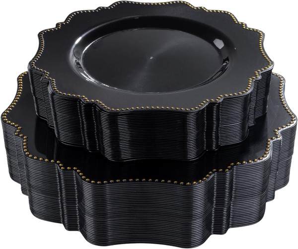 COLOSUS 60pcs Black and Gold Plastic Plates Set, Gold Black Party Plates, 30pcs Dinner Plates and 30pcs Salad/Dessert Plates for Wedding, Party, Anniversary, Daily Use