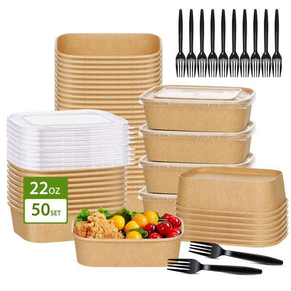 DI QIU REN 50-Pack 22oz Paper Bowls, Disposable Food Containers with Lids and Forks, Rectangular Disposable Salad Bowls for Diet Salad, Pasta (kraft Paper Rectangular, 22oz 50 Count)