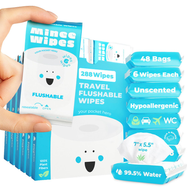 Impossibly Compact Travel Flushable Wipes - 99.5% Water and Aloe - Safe for Sensitive Skin & Hypoallergenic - Travel Essentials for Adults & Kids, Unscented, 48 Pack 288 Wipes