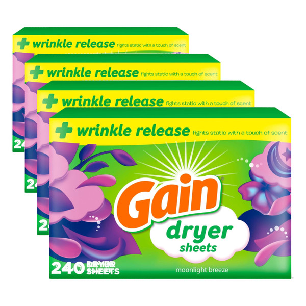 Gain Dryer Sheets Fabric Softener | Moonlight Breeze | Anti-Static | 240 Sheets, Pack of 4