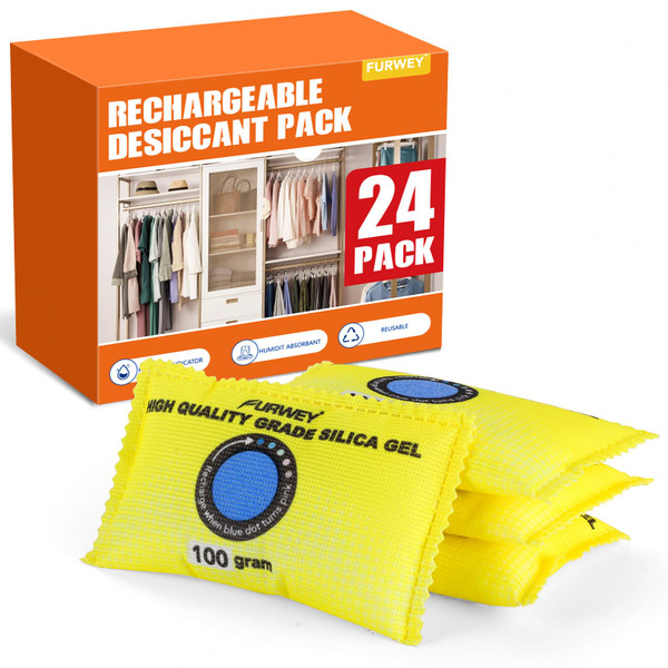 FURWEY 100g (24 Packs) Rechargeable Desiccant Packs for Storage, Color Indicating Silica Gel Desiccant Packets, Moisture absorbers for storage,Dehumidifier bag for Closets,Cars,Storage Bins