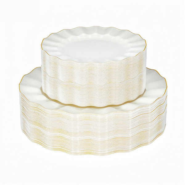 QualQuot 120PCS Ivory White Plastic Plates, Heavy Duty Disposable Party Plate with Gold Rim, Fancy 60 Dinner & 60 Dessert Plates for Parties and Wedding