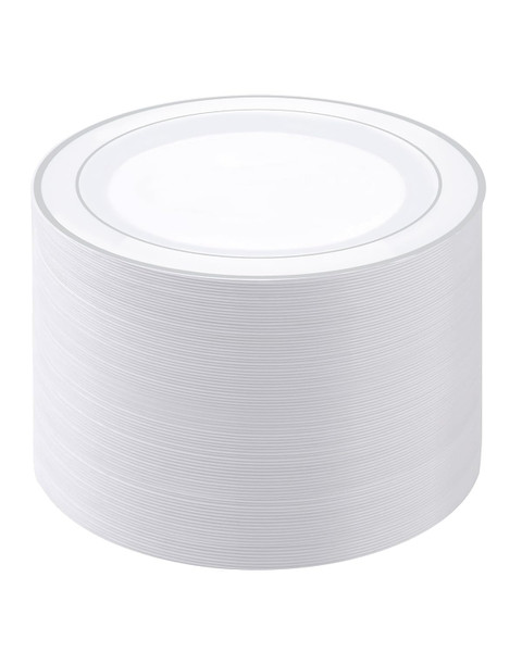 PULOTE 100PCS Silver Plastic Plates - 10 Inch Heavy Duty White with Silver Trim Plastic Dinner Plates Disposable for Dinenr, Party, Wedding & Christmas