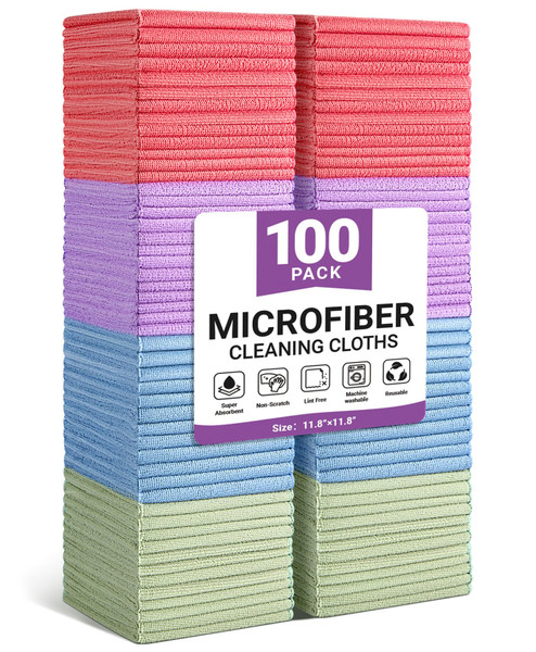 SIFANGKE Microfiber Cleaning Cloth, 100 Pack Assorted Color Cleaning Rags for Housekeeping, Colorful Reusable Microfiber Towels for Car, Kitchen, Bathroom and Household Cleaning Supplies, 11.8"X11.8"