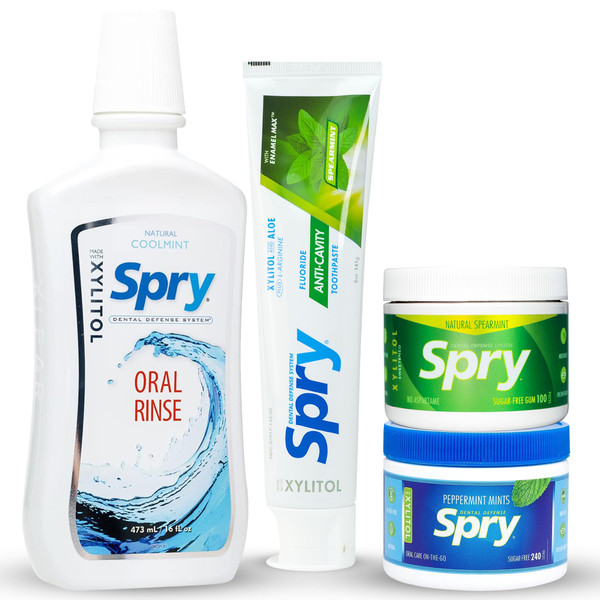 Spry Total Dental Health Kit, All Day Oral Care and Gum Health Kit Including Xylitol Sugar Free Gum, Candy Mints, Oral Rinse and Spearmint Toothpaste
