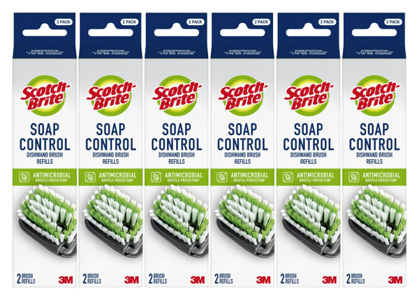 Scotch-Brite Soap Control Dishwand Brush Refills, Non-Scratch Scrub Brush Heads, Durable & Odor-Resistant, 6 Count (12 Total Refills)