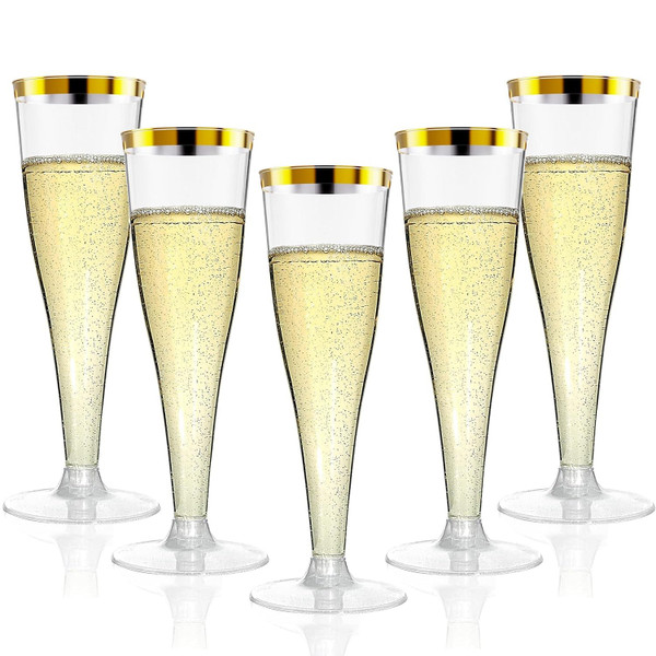 Torchero 100 Pack Champagne Flutes Plastic Wine Glasses Disposable, 4.5 Oz Gold Rim Mimosa Glasses for 2026 Engagement Wedding Birthday Bar Soccer Football Party Supplies, Bulk Toasting Cocktail Cups