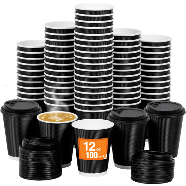 Coolcap 100 Pack 12 oz Disposable Coffee Cups with Lids and Straws, Insulated Ripple Wall To Go Paper Corrugated Cups, Bulk for Hot/Cold Drinks, Cafe Bar, Office, Chocolate, Cocoa (Black)