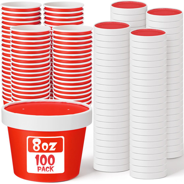 Fulmoon 100 Pack Paper Soup Containers with Lids Disposable Paper Food Containers with Vented Lid Kraft Ice Cream Cake Dessert Cups Soup Bowl for Party Hot Food Fruit Microwave(8 oz,Red)
