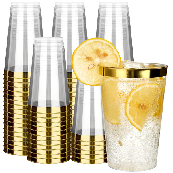 RACETOP 200 Pack 14oz Gold Rimmed Plastic Cups, Heavy Duty Disposable Glasses, Elegant Gold Rimmed Disposable Hard Cups for Party, Thanksgiving, Wine Taesting, Birthday and Christmas.