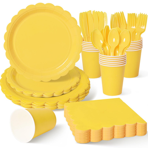Vyntra 350 Pcs Yellow Disposable Paper Plates and Napkins Set for 50, 9" Dinner Plates & 7" Dessert Plates, Tableware for Birthday, Baby Shower, Picnic, Party