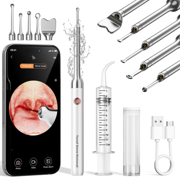 Upgraded Tonsil Stone Remover with Camera, Visual Tonsil Stone Removal Kit with 6 LED Light, Tonsil Stone Removal Tool Camera with 1080P, 5 Head Attachments, for iOS & Android (White)