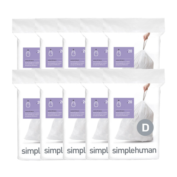 simplehuman Code D 200 Count Custom Fit Liners, Drawstring Kitchen Trash Bags, One-by-One Mess-Free Dispense, Extra Thick & Double Seamed, 50% PCR Plastic, 20 Liter / 5.3 Gallon, White
