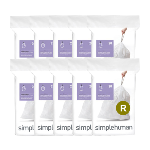 simplehuman Code R 200 Count Custom Fit Liners, Drawstring Kitchen Trash Bags, One-by-One Mess-Free Dispense, Extra Thick & Double Seamed, 50% PCR Plastic, 9-10 Liter / 2.6 Gallon, White