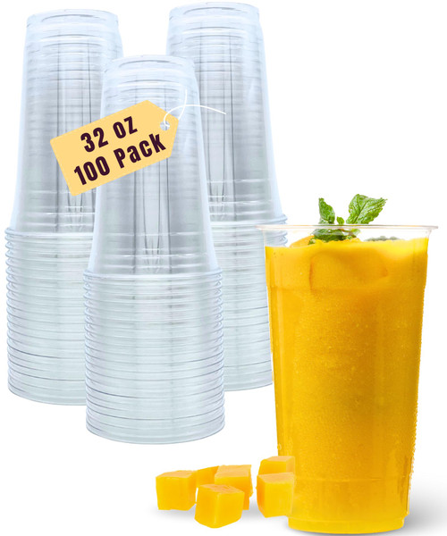Aatriet 100 Pack 32 oz Clear Plastic Cups, 32oz Disposable Iced Cold Coffee Cups, Sturdy Recylable Drinking Cup for Milkshake, Smoothie, Cocktail, Cold Drinks, Large Tumblers Wine Glasses for Wedding
