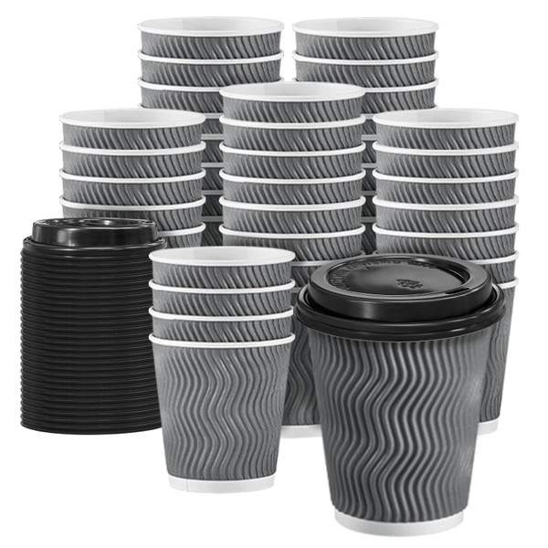 Clawsoff 100 Pack 8 oz Disposable Coffee Cups with Lids, Insulated Ripple Wall To-Go Paper Coffee Cups Suitable for Chocolate Cocoa and Hot/Cold Drinks (Grey)