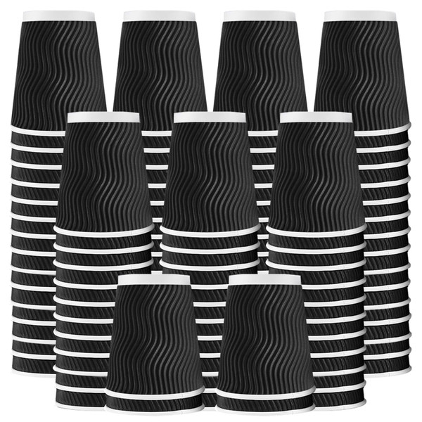 Lamosi Disposable Coffee Cups 10 OZ 100 Pack, Paper Coffee Cups 10 OZ for Hot Drinks or Cold Beverages, Insulated Corrugated Ripple Wall Cup No Lids for Office, Cafe, Home or Travel (Black)