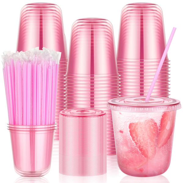 tchrules 100 Set 12oz Pink Plastic Cups with Lids & Straws, Disposable Iced Coffee Cup with Lid, Round Bottom Plastic To Go Cups for Cold Drinks Slushie Smoothie Valentine Galentine Party Supplies