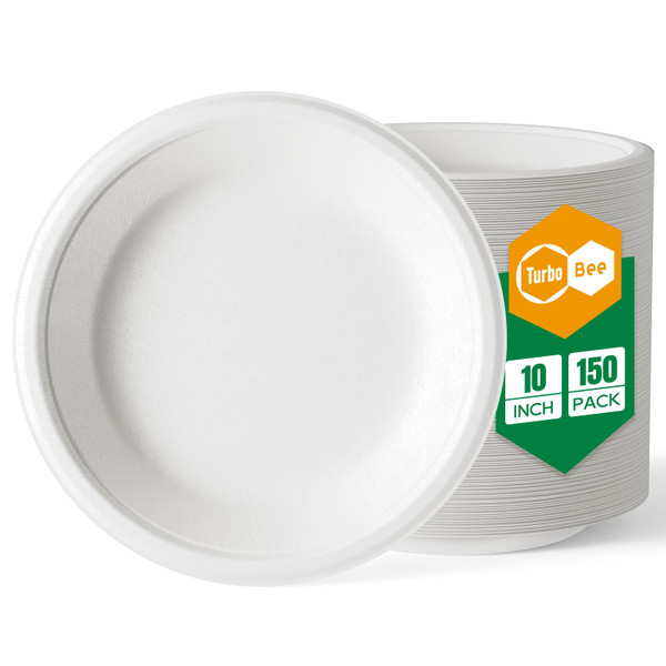 150 Pack 10 Inch Paper Plates 100% Compostable White, Heavy Duty Disposable Paper Dinner Plates for Party BBQ Picnic Catering, Microwave Safe,Bagasse Natural Biodegradable Eco-Friendly Sugarcane