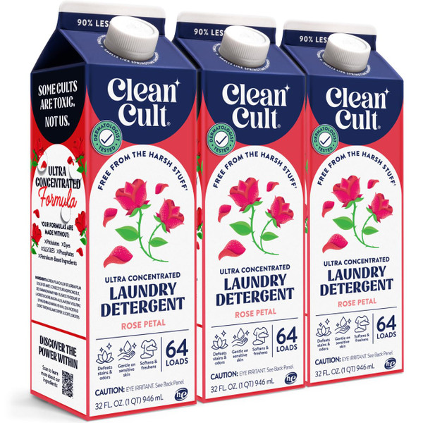 Cleancult Ultra Concentrated Liquid Laundry Detergent, 192 loads (96 oz), Long Lasting Scent, 90% Less Plastic, No Harsh Chemicals, Rose Petal, Defeats Stains & Odors, HE/Standard Compatible